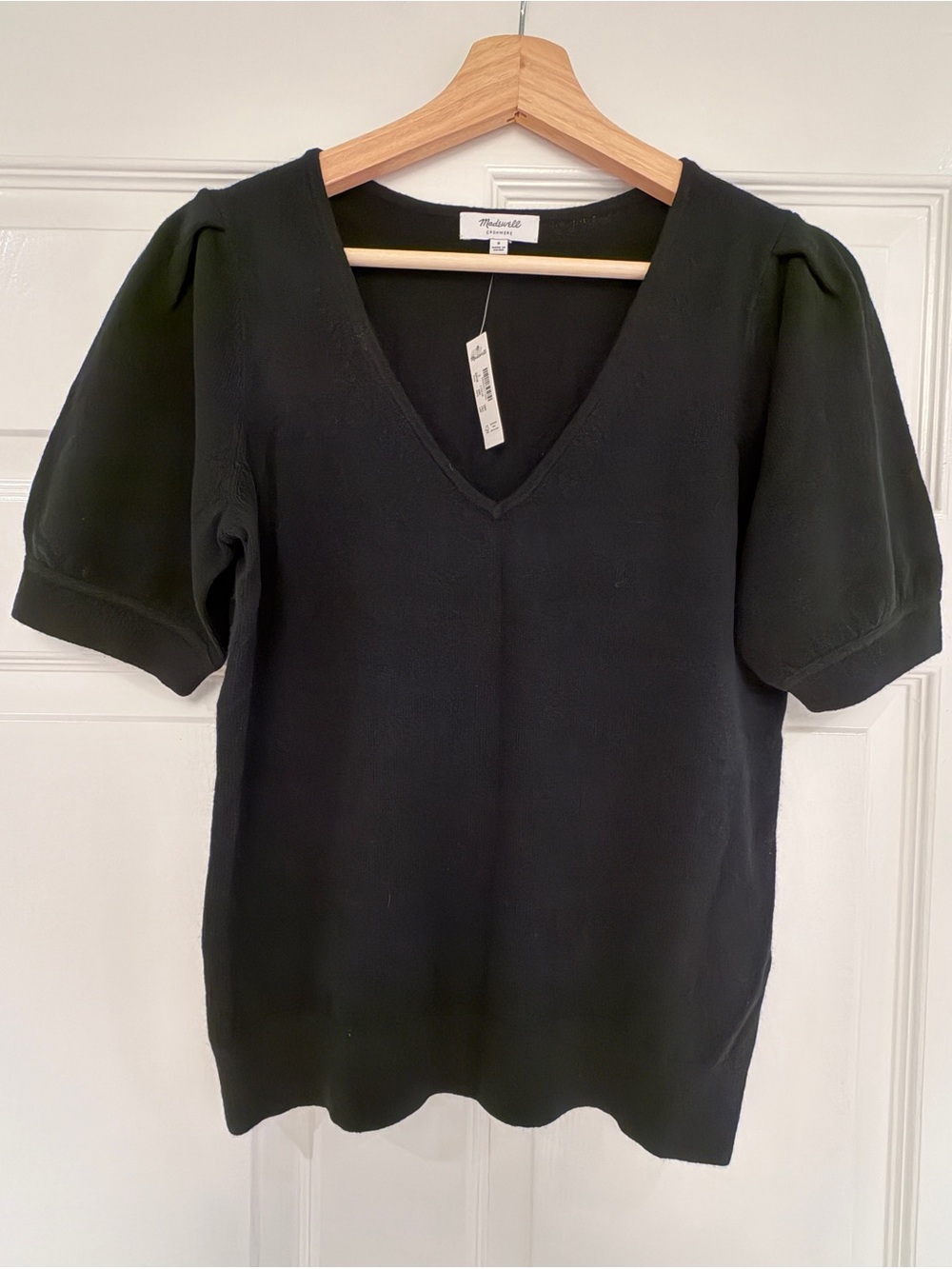 Madewell 100% Cashmere Black V-Neck Puff Sleeve Sweater